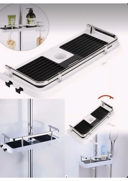 Kromajlı Sürgülü Duş Seti, Sabunluk, Şampuanlık, Liflik, Lüx Banyo Organizer Siyah fırsatları