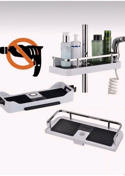 Kromajlı Sürgülü Duş Seti, Sabunluk, Şampuanlık, Liflik, Lüx Banyo Organizer Siyah indirimleri