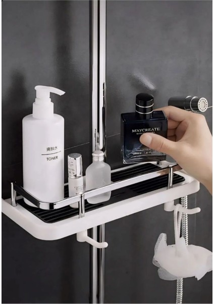 Kromajlı Sürgülü Duş Seti, Sabunluk, Şampuanlık, Liflik, Lüx Banyo Organizer Siyah