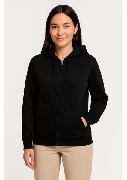 Kadın Üç Iplik Kapüşonlu Tam Fermuarlı Kanguru Çepli Sweatshirt Hoodie - Siyah fiyatları
