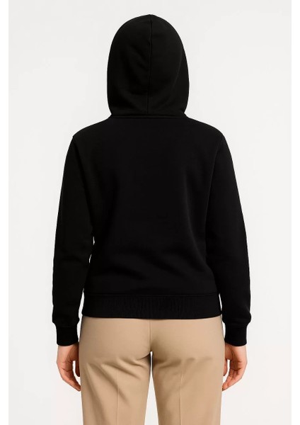 Kadın Üç Iplik Kapüşonlu Tam Fermuarlı Kanguru Çepli Sweatshirt Hoodie - Siyah modelleri