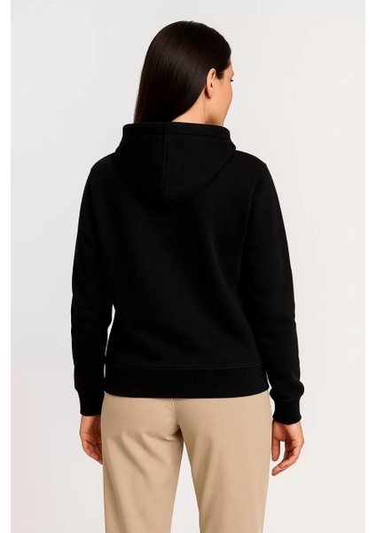 Kadın Üç Iplik Kapüşonlu Tam Fermuarlı Kanguru Çepli Sweatshirt Hoodie - Siyah fırsatları