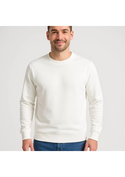 Erkek Üç Iplik Düz Bisiklet Yaka Sweatshirt - Beyaz fiyatları