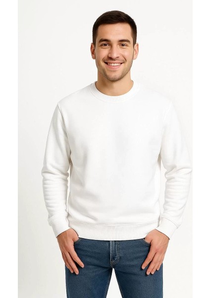 Erkek Üç Iplik Düz Bisiklet Yaka Sweatshirt - Beyaz modelleri