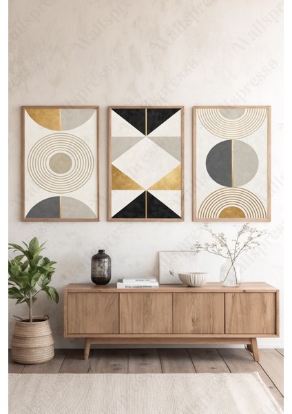 Modern Soyut Minimalist Ahşap Çerçeveli Tablo - 3'lü Tablo Seti - Duvar Tablosu - Üçlü Tablo