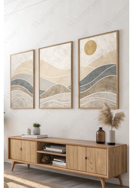 Soyut Modern Ahşap Çerçeveli Tablo - 3'lü Tablo Seti - Duvar Tablosu - Üçlü Tablo - Salon Tablo