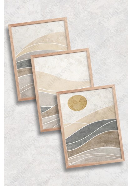 Soyut Modern Ahşap Çerçeveli Tablo - 3'lü Tablo Seti - Duvar Tablosu - Üçlü Tablo - Salon Tablo modelleri