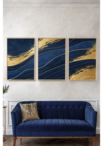 Modern Lacivert Gold Ahşap Çerçeveli Tablo - 3'lü Tablo Seti - Duvar Tablosu - Üçlü Tablo