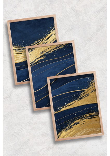 Modern Lacivert Gold Ahşap Çerçeveli Tablo - 3'lü Tablo Seti - Duvar Tablosu - Üçlü Tablo fiyatları