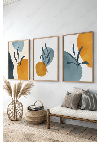 Boho Ahşap Çerçeveli Tablo - 3'lü Tablo Seti - Duvar Tablosu - Üçlü Tablo
