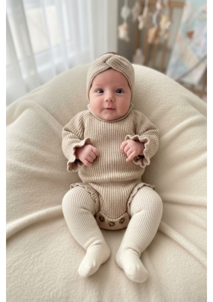 Dikişsiz Selanik Örgü Sosis Yaka Fırfırlı Kız Bebek Triko Body Kazak & Saç Bandı Ikili Takım