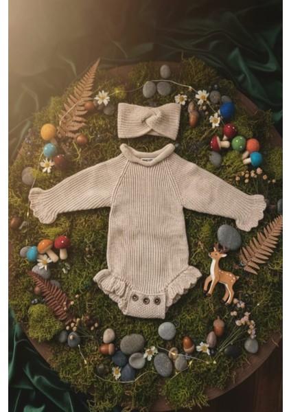 Dikişsiz Selanik Örgü Sosis Yaka Fırfırlı Kız Bebek Triko Body Kazak & Saç Bandı Ikili Takım