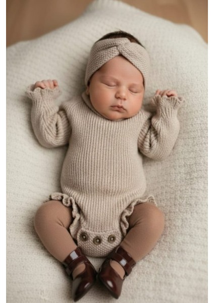 Dikişsiz Selanik Örgü Sosis Yaka Fırfırlı Kız Bebek Triko Body Kazak & Saç Bandı Ikili Takım