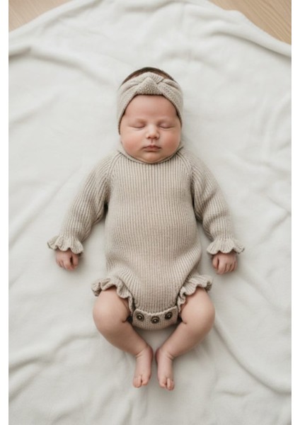 Dikişsiz Selanik Örgü Sosis Yaka Fırfırlı Kız Bebek Triko Body Kazak & Saç Bandı Ikili Takım