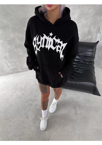 Unisex Üç Iplik Kapüşonlu Baskılı Sweatshirt - Siyah