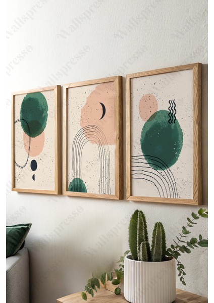 Soyut Bohem Ahşap Çerçeveli Tablo - 3'lü Tablo Seti - Duvar Tablosu - Üçlü Tablo