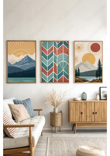 Renkli Modern Soyut Ahşap Çerçeveli Tablo - 3'lü Tablo Seti - Duvar Tablosu - Üçlü Tablo