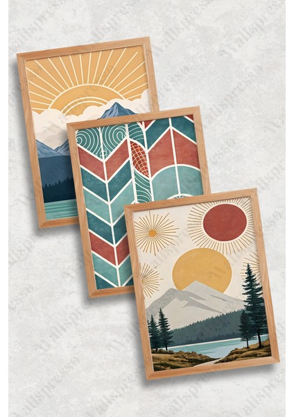 Renkli Modern Soyut Ahşap Çerçeveli Tablo - 3'lü Tablo Seti - Duvar Tablosu - Üçlü Tablo fiyatları