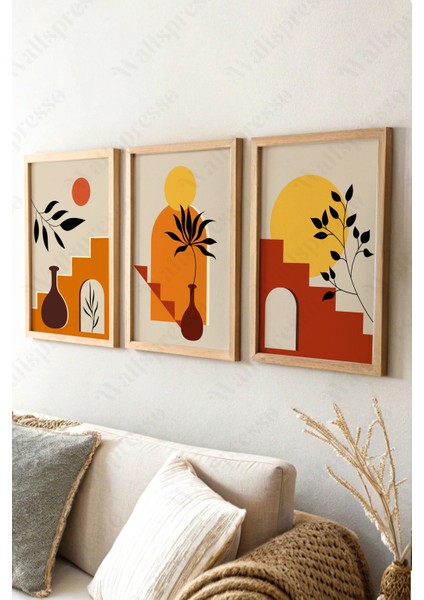 Boho Ahşap Çerçeveli Tablo - 3'lü Tablo Seti - Duvar Tablosu - Üçlü Tablo