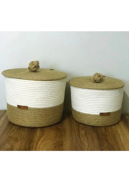 2'li Hasır Sepet Takımı, Çok Amaçlı Organizer, Beyaz ve Jüt Renkli, 6 mm Ip