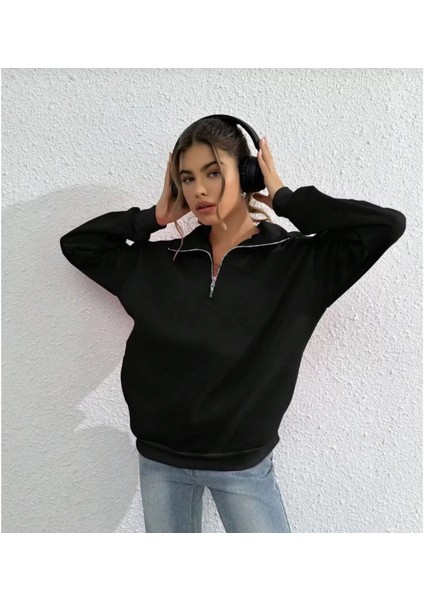 Unisex Uzun Kol Yarım Farmuarlı Yakalı Basic Sweatshirt - Siyah fırsatları