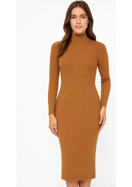 Kadın Boğazlı Triko Elbise – Uzun Fitilli Esnek Dokuma, Tam Kalıp, Kışlık & Baharlık Şık Rahat Stil, 130 cm Midi Boy Elbise - Kahverengi fiyatları