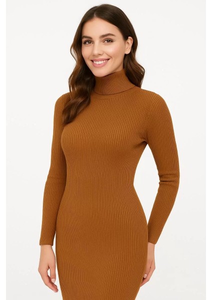 Kadın Boğazlı Triko Elbise – Uzun Fitilli Esnek Dokuma, Tam Kalıp, Kışlık & Baharlık Şık Rahat Stil, 130 cm Midi Boy Elbise - Kahverengi modelleri