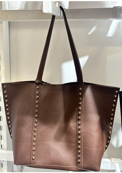 Süet Kadın Büyük Boy Zımba Detaylı El ve Omuz Çantası