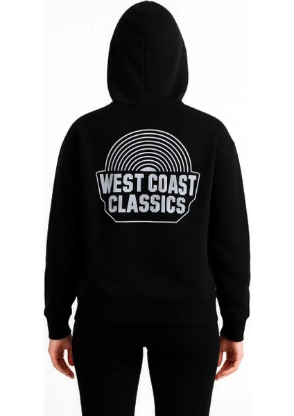 Kadın Kapşonlu Sweatshirt – Oversize Üç Iplik Şardonlu Hoodie, “west Coast Classics” Ön & Arka Baskılı, Kanguru Cepli Kışlık Günlük Stil - Siyah fırsatları