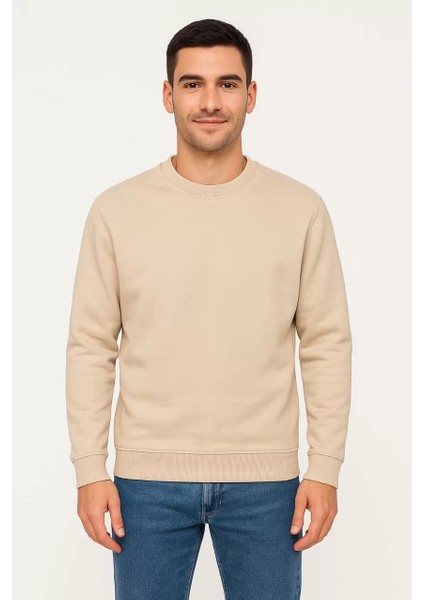 Erkek Üç Iplik Düz Bisiklet Yaka Sweatshirt - Bej fırsatları