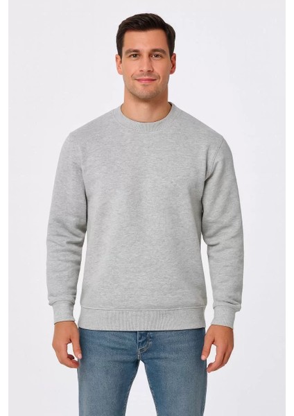Erkek Üç Iplik Düz Bisiklet Yaka Sweatshirt - Gri