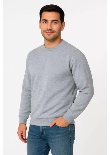Erkek Üç Iplik Düz Bisiklet Yaka Sweatshirt - Gri fiyatları