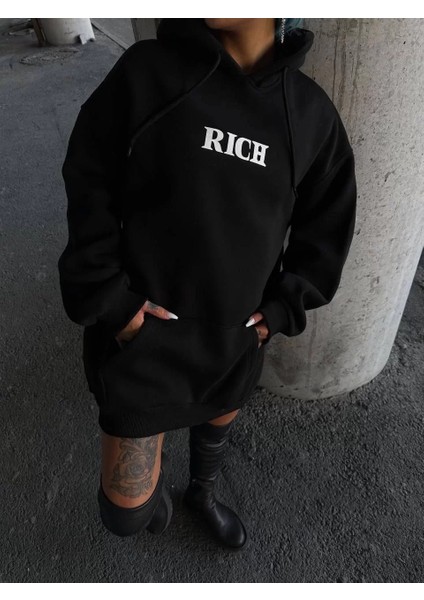 Uzun Kol Kapüşonlu Göğüs Baskılı Sweatshirt - Siyah