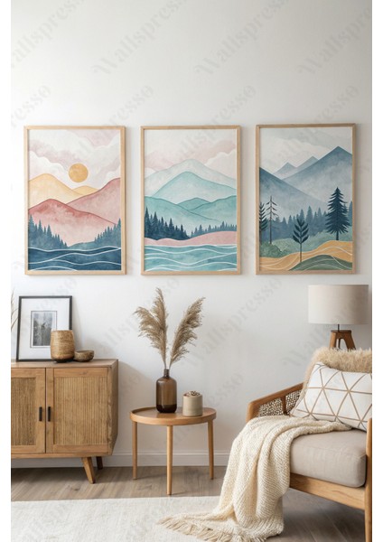 Soyut Minimalist Bohem Renkli Ahşap Çerçeveli Tablo - 3'lü Tablo Seti - Duvar Tablosu - Üçlü Tablo