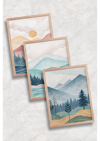 Soyut Minimalist Bohem Renkli Ahşap Çerçeveli Tablo - 3'lü Tablo Seti - Duvar Tablosu - Üçlü Tablo fiyatları