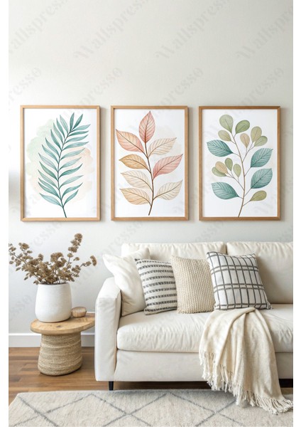 Bohem Minimalist Ahşap Çerçeveli Tablo - 3'lü Tablo Seti - Duvar Tablosu - Üçlü Tablo