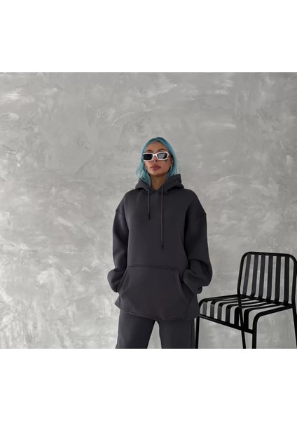 Kapüşonlu Üç Iplik Penye Basic Sweatshirt - Füme fiyatları