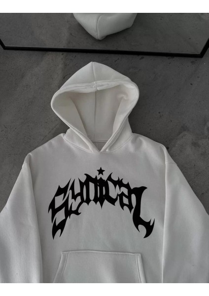 Kışlık Kapüşonlu Baskılı Oversize Sweatshirt- Beyaz