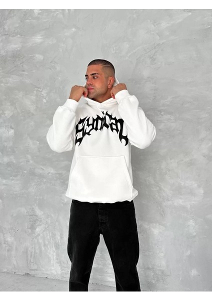 Unisex Üç Iplik Kapüşonlu Baskılı Sweatshirt - Beyaz fiyatları