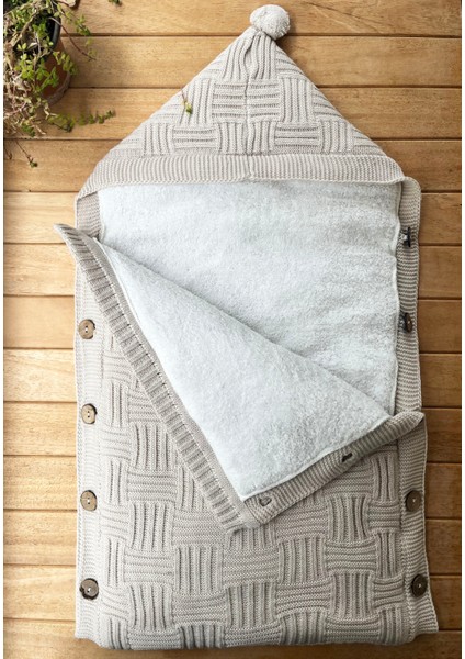 Dışı Triko Içi Wellsoft Yumuşacık Sepet Örgü Desenli Kundak-Bej