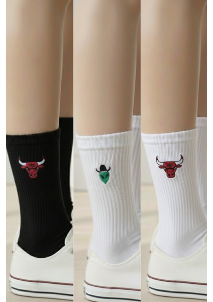 Kızgın Boğalar Çılgın Kovboy Uzaylı Nakışlı Sevimli Yazlık Kışlık Pamuklu Soket 3 Çift Çorap Seti.