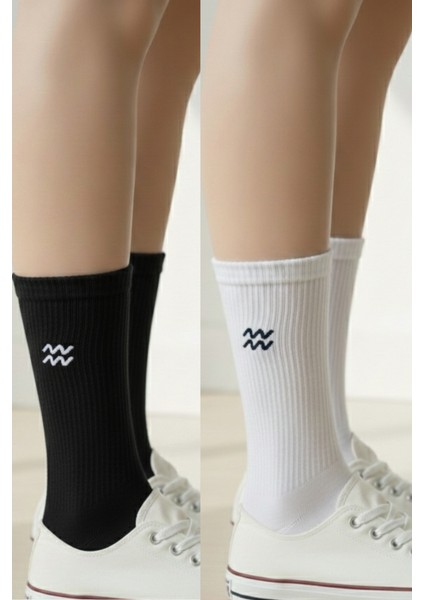 Kova Burcu Nakışlı Astrolojik Casual Yazlık Kışlık Pamuklu Unisex Siyah Beyaz 2 Çift Çorap