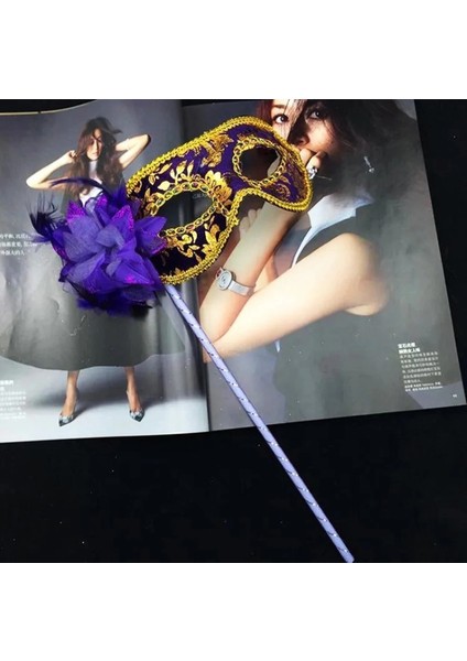 Buğz Lüks Taşlı Saplı Maskeli Balo Maskesi Mor Renk 35 cm