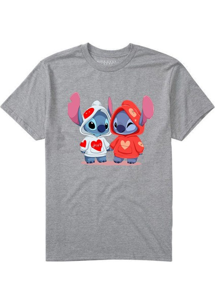 Baskılı Lilo Kadın Unisex Bisiklet Yaka Baskılı T-Shirt Siyah Tshirt Tişört