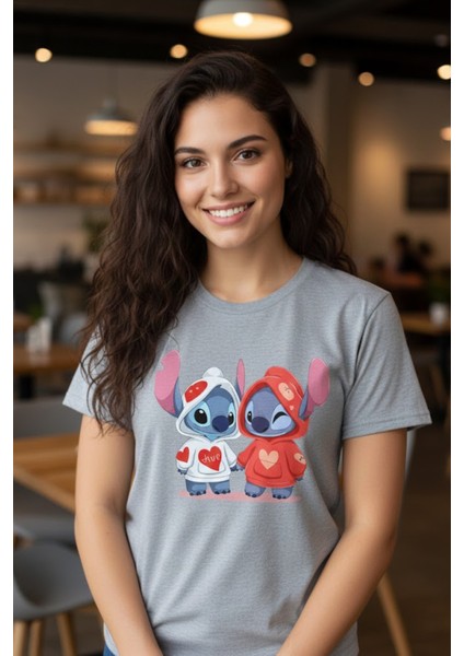 Baskılı Lilo Kadın Unisex Bisiklet Yaka Baskılı T-Shirt Siyah Tshirt Tişört fiyatları