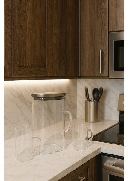 Metal Kapaklı Cam Sürahi 1.8lt + 2 Adet Cam Bardak