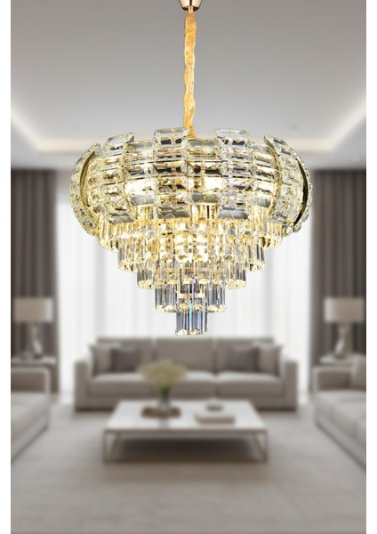Billur Gold 60 cm Kristal Taşlı Modern Avize – Salon ve Oturma Odası