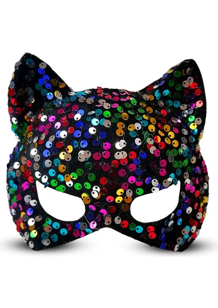 Buğz Siyah Kadife Kumaş Üzerine Rengarenk Payetli Pullu Parti Maskesi 16X14 cm