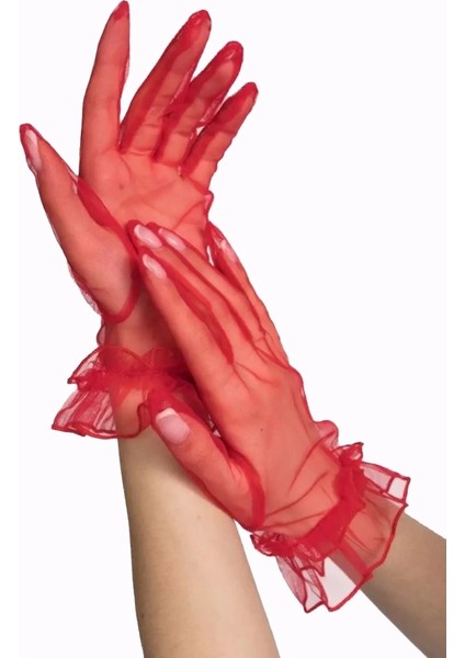 Buğz Kısa Boy Likralı Güpürlü Yetişkin Tül Eldiven Kırmızı Renk