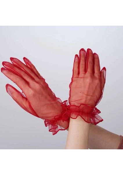 Buğz Kısa Boy Likralı Güpürlü Yetişkin Tül Eldiven Kırmızı Renk fiyatları